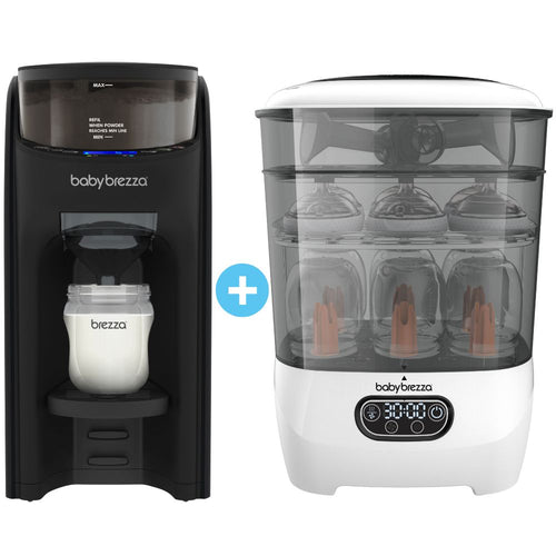Abgebildet sind ein Baby Brezza.de Formula Pro Advanced Spender in Schwarz und ein weißer Sterilisator Dryer Advanced mit Babyflaschen. Ein blaues Pluszeichen verbindet sie und stellt ein effizientes Fütterungs- und Pflegeset dar. - product thumbnail