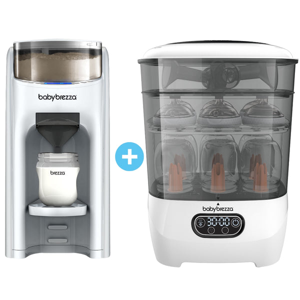 Das Set „Baby Brezza.de Formula Pro Advanced & Sterilizer Dryer Advanced“ bietet Komfort durch Dampfsterilisation, indem es die Milchnahrung in Flaschen abfüllt, während der Trockner mehrere Flaschen sterilisiert. Die Bedienung erfolgt alles über ein intuitives elektronisches Bedienfeld. - product thumbnail