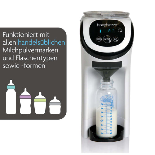 Ein Baby Brezza.de Formula Pro Mini bereitet eine Flasche mit Digitalanzeige vor. Text: „Kompatibel mit allen Marken und Flaschentypen.“ Vier bunte Symbole zeigen die Kompatibilität an und heben Produkte wie den Formula Pro Mini oder den Bottle Washer Pro hervor. - product thumbnail