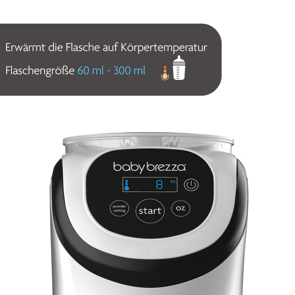 Nahaufnahme des Bildschirms einer Baby Brezza.de-Maschine mit Bedienelementen zum Erwärmen von Flaschen auf Körpertemperatur für Größen von 60 ml bis 300 ml. Symbole zeigen Flasche, Thermometer und Temperaturanzeige an – die ideale Ergänzung zu Ihrem Formula Pro Mini- oder Bottle Washer Pro-Setup. - product thumbnail