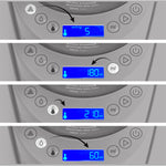 Vier Felder zeigen die Einstellungen der Waschmaschine an, kalibriert wie bei einer Babybrezza.de Formula Pro Advanced inkl. zusätzlichem Milchpulvertrichter: Oben bei Einstellung 5, gefolgt von 180 ml und 210 ml, unten bei 60 ml. Blaue Hintergründe mit Symbolen wie Pfeilen, Bechern und Tropfen spiegeln die Präzision von Baby Brezza wider. - product thumbnail