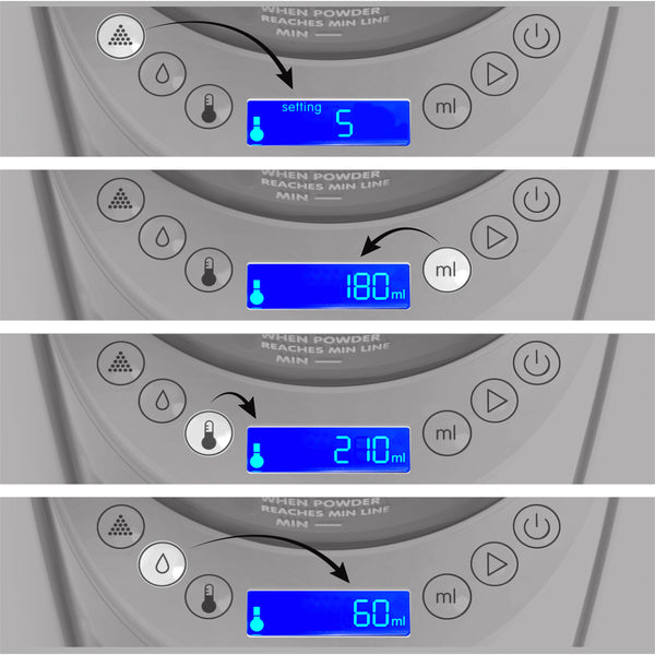 Vier Felder zeigen die Einstellungen der Waschmaschine an, kalibriert wie bei einer Babybrezza.de Formula Pro Advanced inkl. zusätzlichem Milchpulvertrichter: Oben bei Einstellung 5, gefolgt von 180 ml und 210 ml, unten bei 60 ml. Blaue Hintergründe mit Symbolen wie Pfeilen, Bechern und Tropfen spiegeln die Präzision von Baby Brezza wider. - product thumbnail