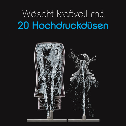 Zwei transparente Objekte, aus deren hervorgehobenen Düsen Wasser strömt, demonstrieren einen Reinigungseffekt wie beim Bottle Washer Pro von Baby Brezza.de. Der deutsche Text lautet „Wäscht kraftvoll mit 20 Hochdruckdüsen“ auf schwarzem Hintergrund. - product thumbnail
