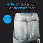 Das Bild zeigt einen Baby Brezza.de Formula Pro Mini & Flaschenreiniger Pro mit Babyflaschen und Zubehör darin. Der deutsche Text lautet „Sterilisiert automatisch und trocknet dann“, während in einer Sprechblase „Tötet 99,9 % aller Keime“ steht, alles vor einem dunklen Hintergrund. - product thumbnail