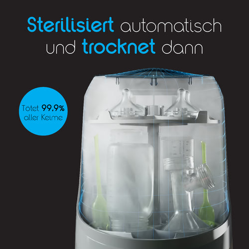 Das Bild zeigt einen Baby Brezza.de Formula Pro Mini & Flaschenreiniger Pro mit Babyflaschen und Zubehör darin. Der deutsche Text lautet „Sterilisiert automatisch und trocknet dann“, während in einer Sprechblase „Tötet 99,9 % aller Keime“ steht, alles vor einem dunklen Hintergrund. - product thumbnail
