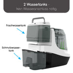 Das Bild zeigt ein weiß-schwarzes Baby Brezza.de-Gerät ähnlich dem Formula Pro Mini mit beschrifteten Wassertanks: „Frischwassertank“ oben und „Schmutzwassertank“ unten. Der deutsche Text weist darauf hin, dass kein Wasseranschluss erforderlich ist, was dem Komfort eines Bottle Washer Pro entspricht. - product thumbnail
