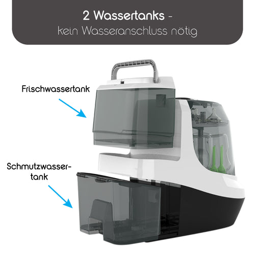 Das Bild zeigt ein weiß-schwarzes Baby Brezza.de-Gerät ähnlich dem Formula Pro Mini mit beschrifteten Wassertanks: „Frischwassertank“ oben und „Schmutzwassertank“ unten. Der deutsche Text weist darauf hin, dass kein Wasseranschluss erforderlich ist, was dem Komfort eines Bottle Washer Pro entspricht. - product thumbnail