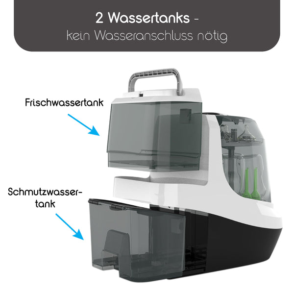 Das Bild zeigt ein weiß-schwarzes Baby Brezza.de-Gerät ähnlich dem Formula Pro Mini mit beschrifteten Wassertanks: „Frischwassertank“ oben und „Schmutzwassertank“ unten. Der deutsche Text weist darauf hin, dass kein Wasseranschluss erforderlich ist, was dem Komfort eines Bottle Washer Pro entspricht. - product thumbnail