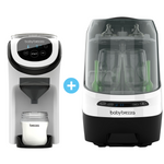 Abbildung zweier Baby Brezza.de Produkte: links der Formula Pro Mini mit digitaler Steuerung und eingesetzter Flasche, daneben der Bottle Washer Pro mit Flaschen. Ein Pluszeichen zwischen den Produkten unterstreicht die komplementäre Nutzung. - product thumbnail