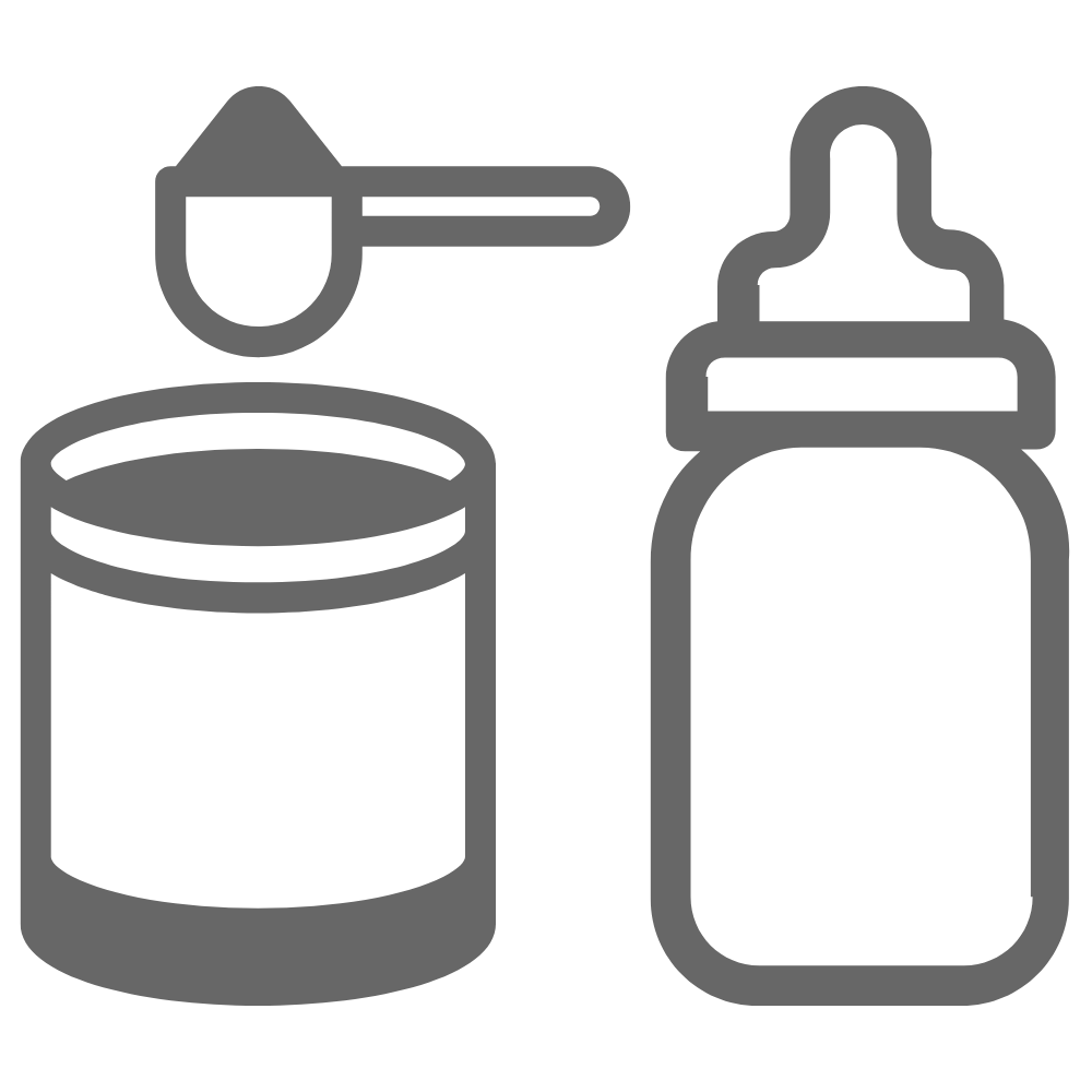 Symbol eines Behälters für Babynahrung, einer Schaufel und einer Baby Brezza-Flasche. Der Behälter ist zylinderförmig und die Flasche hat einen Saugerverschluss. Das Design ist einfach mit kräftigen Umrissen und stellt wichtige Fütterungsutensilien für die Milchflaschenzubereitung dar.