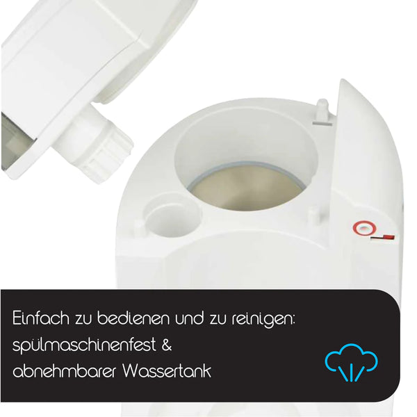 Der Babybrezza.de Formula Pro Advanced & Food Maker Deluxe ist ein weißes Küchengerät mit abnehmbaren Teilen, darunter ein abnehmbarer Wassertank, ideal für die Zubereitung von Babynahrung. Der Text auf Deutsch lautet: „Einfach zu bedienen und zu reinigen: spülmaschinenfest & abnehmbarer Wassertank.“ Ein Wolkensymbol wird angezeigt. - product thumbnail