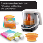 Abbildung eines Babybrezza.de Formula Pro Advanced & Food Maker Deluxe mit drei wiederverwendbaren Aufbewahrungsbeuteln, zwei orangefarbenen Deckeln und einem orangefarbenen Trichter. Der deutsche Text beschreibt „3 wiederverwendbare Beutel zum Portionieren und Einfrieren (inkl. Trichter), ideal für die Babynahrungszubereitung.“. - product thumbnail