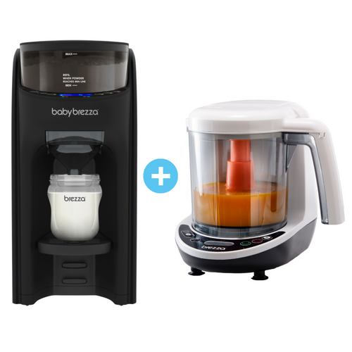 Der Babybrezza.de Formula Pro Advanced, ein schwarzer Milchpulverspender, eignet sich ideal zur Babyflaschenzubereitung und steht neben dem weiß-schwarzen Food Maker Deluxe mit orangefarbenem Püree, zwischen denen sich ein Plus-Symbol befindet. - product thumbnail