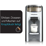 Der Baby Brezza.de Formula Pro Advanced & Sterilizer Dryer Advanced präsentiert sich in einem eleganten Design mit angeschlossener Babyflasche und deutschem Text mit der Bedeutung „Erhitzen, Dosieren und Mischen auf Knopfdruck!“ sowie einem Uhrensymbol für müheloses und effizientes Füttern. - product thumbnail