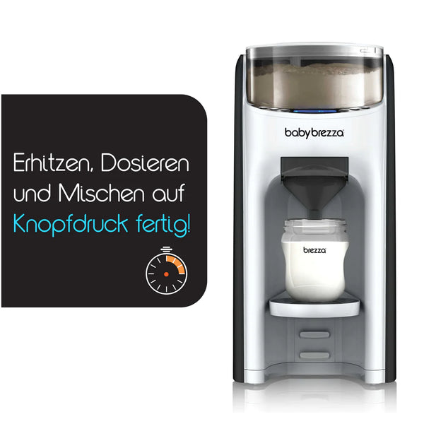 Der Baby Brezza.de Formula Pro Advanced & Sterilizer Dryer Advanced präsentiert sich in einem eleganten Design mit angeschlossener Babyflasche und deutschem Text mit der Bedeutung „Erhitzen, Dosieren und Mischen auf Knopfdruck!“ sowie einem Uhrensymbol für müheloses und effizientes Füttern. - product thumbnail