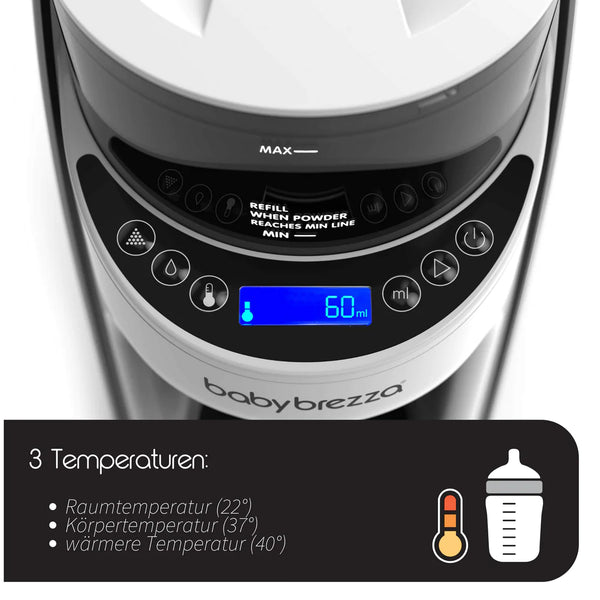 Eine Draufsicht des Baby Brezza.de Formula Pro Advanced & Sterilizer Dryer Advanced zeigt eine digitale Anzeige bei „60 ml“ mit Symbolen für die Temperaturen 22 °C, 37 °C und 40 °C neben Thermometer- und Babyflaschensymbolen, ideal für präzise Fütterungsbedürfnisse mit Dampfsterilisationstechnologie. - product thumbnail