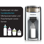 Der Baby Brezza.de Formula Pro Advanced & Sterilizer Dryer Advanced spendet Milch in Flaschen mit dem deutschen Text „Funktioniert mit allen handelsüblichen Milchpulvermarken und Flaschentypen sowie -formen“ sowie Symbolen verschiedener Flaschenformen und Optionen für die Dampfsterilisation. - product thumbnail