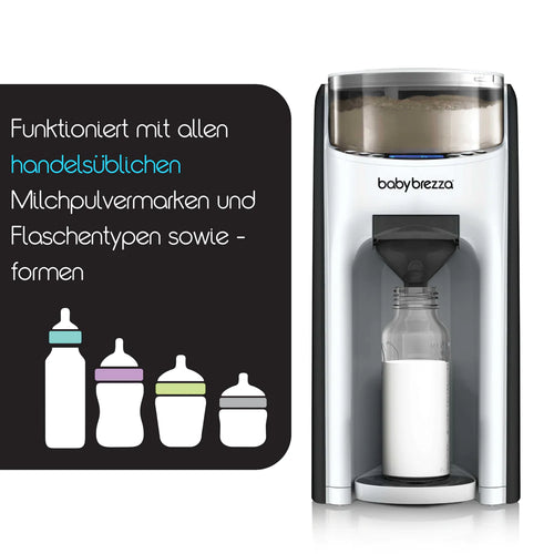 Der Baby Brezza.de Formula Pro Advanced & Sterilizer Dryer Advanced spendet Milch in Flaschen mit dem deutschen Text „Funktioniert mit allen handelsüblichen Milchpulvermarken und Flaschentypen sowie -formen“ sowie Symbolen verschiedener Flaschenformen und Optionen für die Dampfsterilisation. - product thumbnail