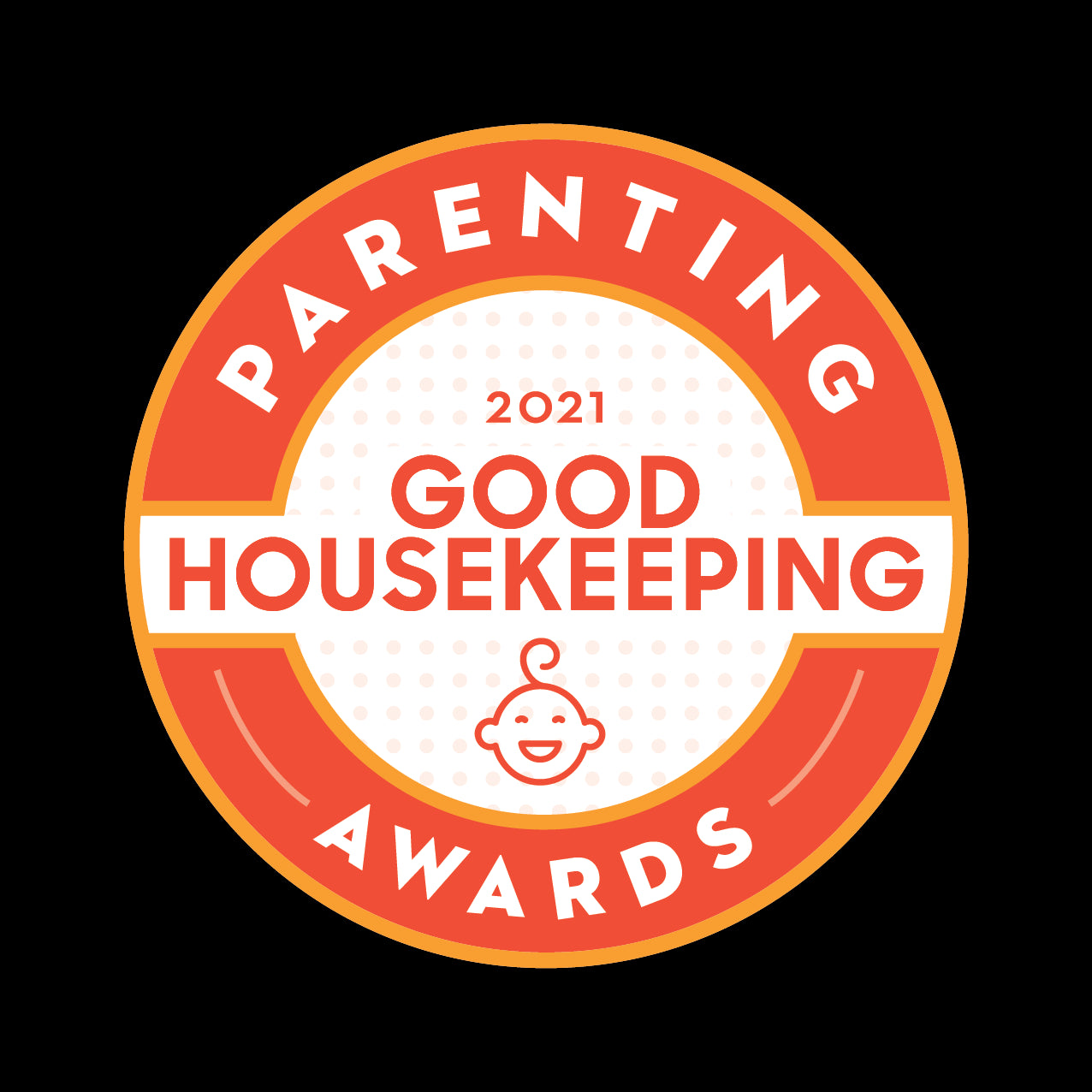 Rundes Abzeichen mit orangefarbenem Rand und Text: „Parenting Awards 2021 Good Housekeeping“. Ein lächelndes Baby-Symbol, das an Baby Brezzas herausragende Leistungen bei der Milchflaschenzubereitung erinnert, befindet sich zentriert unter dem Text.
