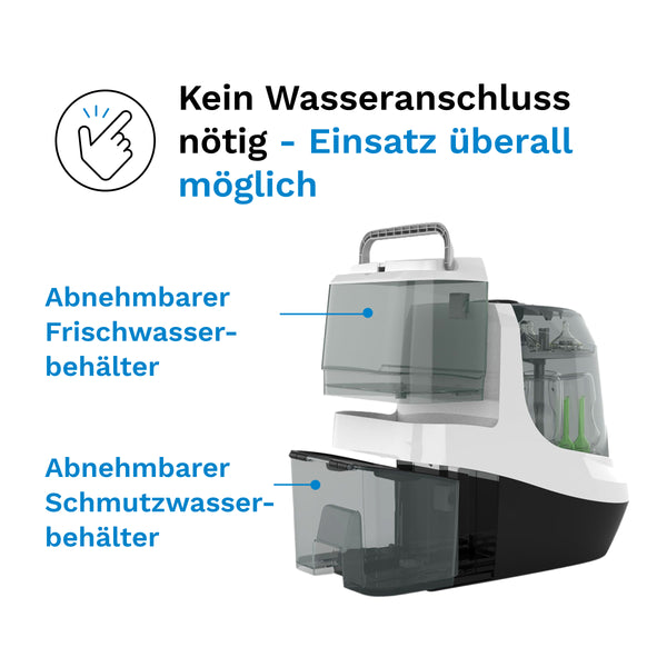Schema des tragbaren Flaschenreinigers Pro von Babybrezza.de mit beschrifteten, entnehmbaren Frisch- und Schmutzwassertanks. Text: „Kein Wasseranschluss nötig – überall nutzbar. All-in-One-Lösung zum Waschen, Sterilisieren & Trocknen.“. - product thumbnail