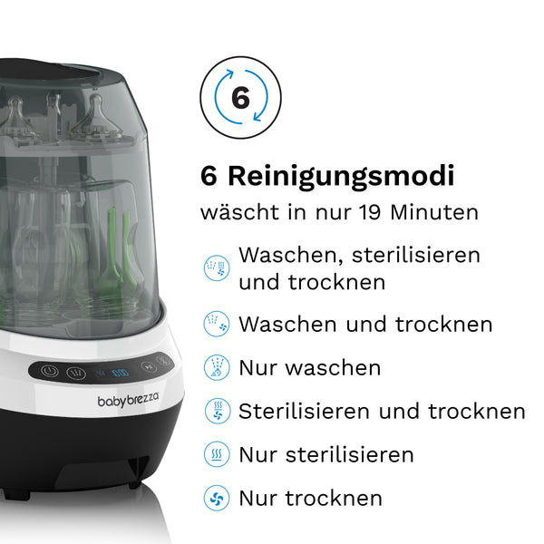 Bild des Bottle Washer Pro von Babybrezza.de mit grauem Deckel und weißem Sockel, mit sechs Reinigungsmodi auf Deutsch, wie Waschen, Sterilisieren, Trocknen. Es betont die Verwendung von Reinigungsstäben und Hochdruckdüsen für eine effektive Reinigung in nur 19 Minuten. - product thumbnail
