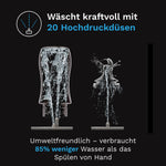 Zwei Diagramme zeigen den Bottle Washer Pro von Babybrezza.de. Mit 20 Hochdruckdüsen reinigt er Flaschen von unten und verbraucht dabei 85 % weniger Wasser als beim Spülen von Hand. Dieses All-in-One-Gerät wäscht, sterilisiert und trocknet – für umweltfreundlichen Komfort. - product thumbnail