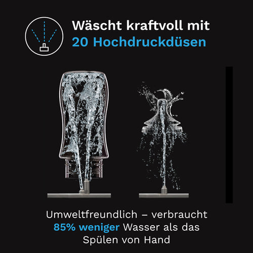 Zwei Diagramme zeigen den Bottle Washer Pro von Babybrezza.de. Mit 20 Hochdruckdüsen reinigt er Flaschen von unten und verbraucht dabei 85 % weniger Wasser als beim Spülen von Hand. Dieses All-in-One-Gerät wäscht, sterilisiert und trocknet – für umweltfreundlichen Komfort. - product thumbnail