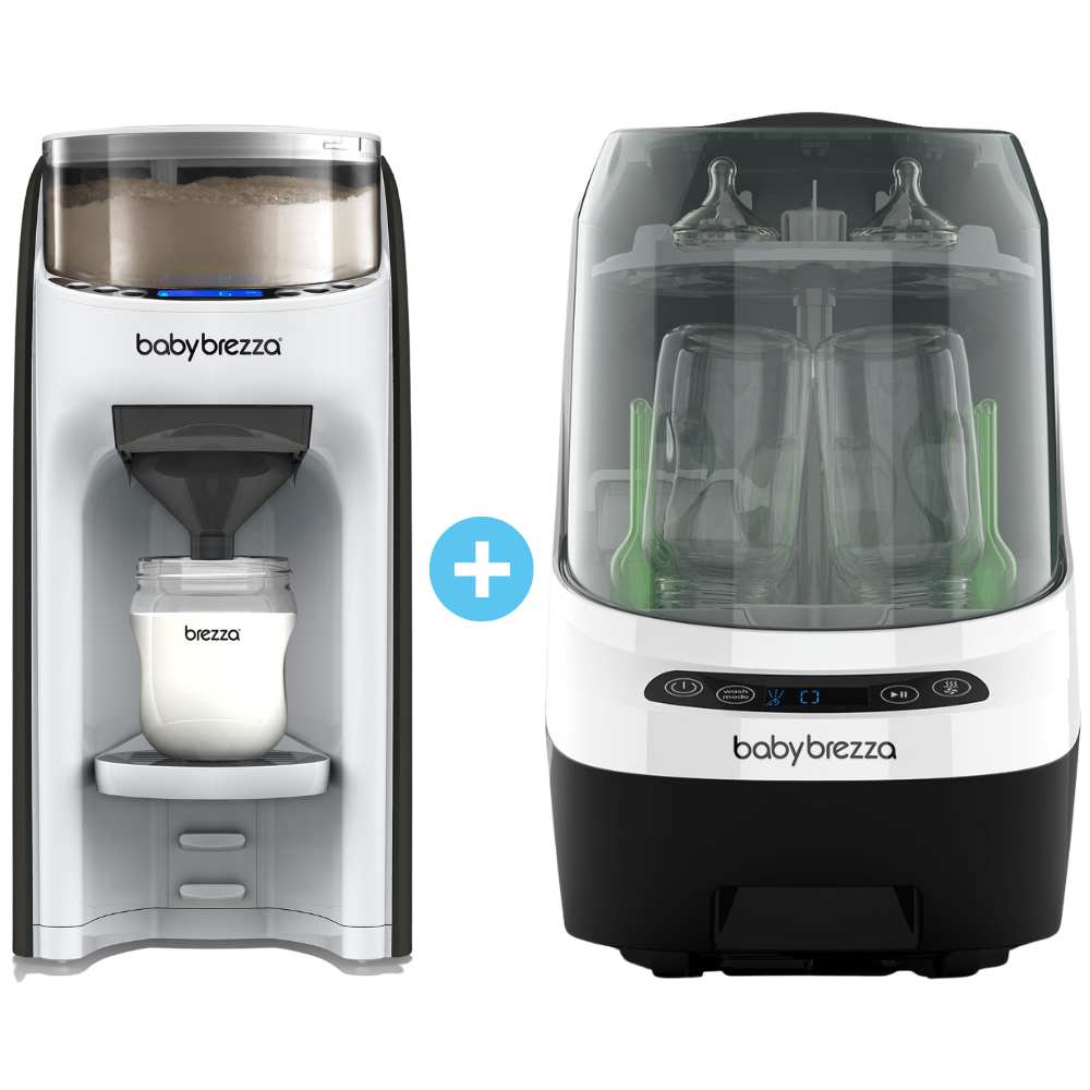 Abbildung zweier Fütterungsprodukte von Baby Brezza.de: Links der Formula Pro Advanced + Bottle Washer Pro für die problemlose Zubereitung von Babyfläschchen. Rechts ein One Step Sterilizer Dryer mit Digitalanzeige für zwei Flaschen – beide elegant in Weiß mit schwarzen Akzenten gestaltet.