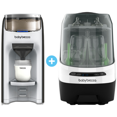 Abbildung zweier Fütterungsprodukte von Baby Brezza.de: Links der Formula Pro Advanced + Bottle Washer Pro für die problemlose Zubereitung von Babyfläschchen. Rechts ein One Step Sterilizer Dryer mit Digitalanzeige für zwei Flaschen – beide elegant in Weiß mit schwarzen Akzenten gestaltet.