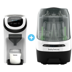Abbildung zweier Baby Brezza.de Produkte: links der Formula Pro Mini mit digitaler Steuerung und eingesetzter Flasche, daneben der Bottle Washer Pro mit Flaschen. Ein Pluszeichen zwischen den Produkten unterstreicht die komplementäre Nutzung.