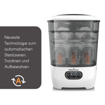 Dargestellt ist ein weiß-grauer Sterilisator mit Flaschen darin. Der deutsche Text lautet: „Neueste Technologie zum automatischen Sterilisieren, Trocknen und Aufbewahren.“ Der innovative Sterilisator-Trockner Advanced von Babybrezza.de bietet 4-in-1-Funktionalität und sorgt für Komfort für alle Eltern. - product thumbnail