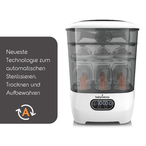 Dargestellt ist ein weiß-grauer Sterilisator mit Flaschen darin. Der deutsche Text lautet: „Neueste Technologie zum automatischen Sterilisieren, Trocknen und Aufbewahren.“ Der innovative Sterilisator-Trockner Advanced von Babybrezza.de bietet 4-in-1-Funktionalität und sorgt für Komfort für alle Eltern. - product thumbnail