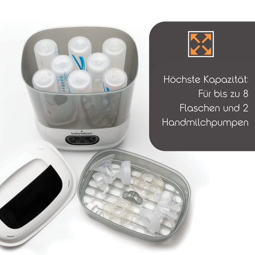 Abbildung des Babybrezza.de Sterilisator-Trockners Advanced mit innovativer 4-in-1-Funktionalität, der bis zu 8 Flaschen und 2 manuelle Milchpumpen automatisch und keimfrei sterilisieren und trocknen kann. - product thumbnail