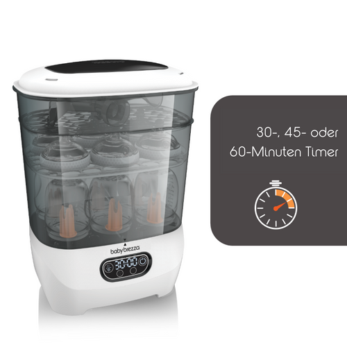 Der Sterilisatortrockner Advanced von Babybrezza.de ist ein 4-in-1-Gerät mit Digitalanzeige für sechs Flaschen. Er bietet automatische Sterilisation und Trocknung und verfügt über einen Timer für 30-, 45- oder 60-Minuten-Zyklen sowie eine HEPA-Filtergrafik für mehr Sicherheit und Komfort. - product thumbnail