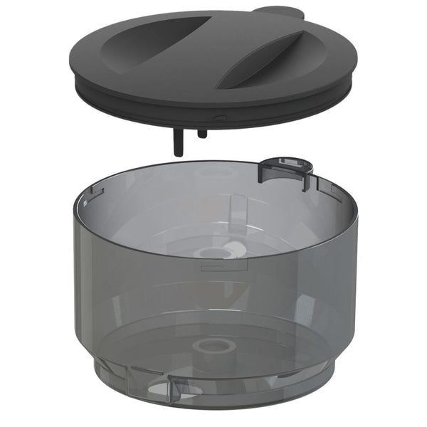 Ein transparenter zylindrischer Behälter mit rundem, grauem Deckel, ähnlich dem schwarzen Milchpulverbehälter Formula Pro Advanced von Babybrezza.de inkl. Deckel. Der Deckel ist oberhalb des Behälters abgelöst und zeigt dessen Unterseite. Er hat kleine Kerben und einen zentralen unteren Vorsprung wie ein Ersatzteil. - product thumbnail