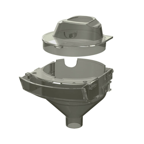 Das 3D-Rendering zeigt das Formula Pro Mini Trichterset von Babybrezza.de und präsentiert einen transparenten, zerlegten Trichter mit abnehmbarem Deckel. Die breite, runde Öffnung verjüngt sich zu einem kleineren Ausguss, über dem der Ersatzteildeckel elegant schwebt. - product thumbnail