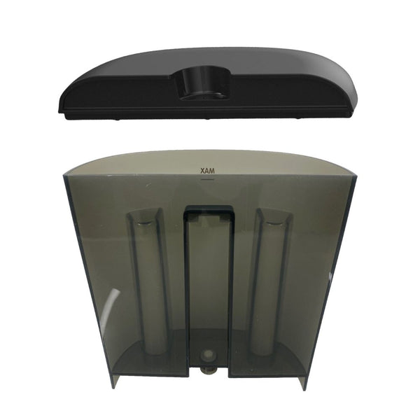 Ein schwarzes Objekt mit gewölbter Oberseite befindet sich über einem grauen, durchscheinenden, wandmontierten Papierhandtuchspender mit zwei sichtbaren Fächern, der an das elegante Design des Formula Pro Mini Wassertanks inkl. Deckel von Baby Brezza.de erinnert. - product thumbnail