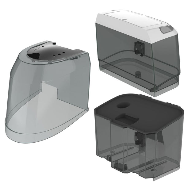 Das Baby Brezza.de Bottle Washer Pro – 3-teiliges Ersatzset bietet optimale Reinigungseffizienz für Ihre Kaffeemaschine mit drei transparenten Wassertanks: geschwungen, rechteckig mit weißem Deckel und quadratisch mit schwarzem Deckel. So wird jede Tasse perfekt gebrüht. - product thumbnail