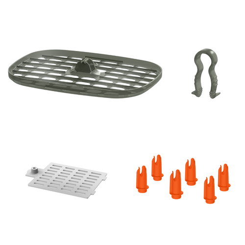 Das 4-teilige Sterilisator-Trockner-Advanced-Ersatzset von Baby Brezza.de umfasst ein gitterartiges Gestell, kleine rote Zinken, ein weißes Schlitzzubehör und einen grauen Clip – perfekt, um die Funktionalität zu steigern oder die Sterilisationseffizienz zu verbessern. - product thumbnail