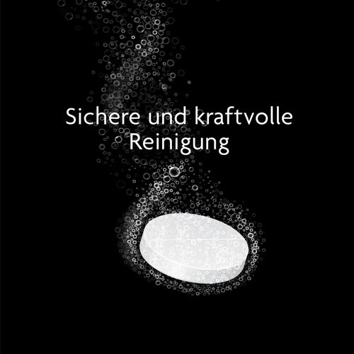 Auf schwarzem Hintergrund veranschaulichen Blasen einer sich auflösenden Tablette die „Sichere und kraftvolle Reinigung“ der Bottle Washer Pro Reinigungstabletten – 120 Stück von Babybrezza.de und unterstreichen deren Effizienz für eine sichere und kraftvolle Reinigung in Ihrer Flaschenreinigungsroutine. - product thumbnail
