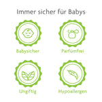 Ein Bild zeigt vier grüne Symbole unter „Immer sicher für Babys“. Symbole symbolisieren „Babysicher“ mit einem lächelnden Baby, „Parfümfrei“ mit einer Parfümflasche, „Ungiftig“ mit Blättern und „Hypoallergen“ mit einer Feder – perfekt, um Ihre Babybrezza.de Bottle Washer Pro Reinigungstabletten-Routine zu bereichern. - product thumbnail