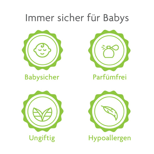 Ein Bild zeigt vier grüne Symbole unter „Immer sicher für Babys“. Symbole symbolisieren „Babysicher“ mit einem lächelnden Baby, „Parfümfrei“ mit einer Parfümflasche, „Ungiftig“ mit Blättern und „Hypoallergen“ mit einer Feder – perfekt, um Ihre Babybrezza.de Bottle Washer Pro Reinigungstabletten-Routine zu bereichern. - product thumbnail