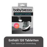 Auf der Verpackung des Bottle Washer Pro Reinigungstabletten – 120 Stück von Babybrezza.de ist eine Abbildung einer Pulvertablette und einer Baby Brezza-Maschine mit dem Text „Enthält 120 Tabletten, Eine Tablette pro Anwendung“ zu sehen, perfekt für eine gründliche Reinigung jedes Mal. - product thumbnail