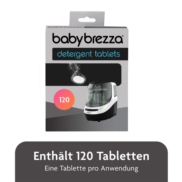 Auf der Verpackung des Bottle Washer Pro Reinigungstabletten – 120 Stück von Babybrezza.de ist eine Abbildung einer Pulvertablette und einer Baby Brezza-Maschine mit dem Text „Enthält 120 Tabletten, Eine Tablette pro Anwendung“ zu sehen, perfekt für eine gründliche Reinigung jedes Mal. - product thumbnail