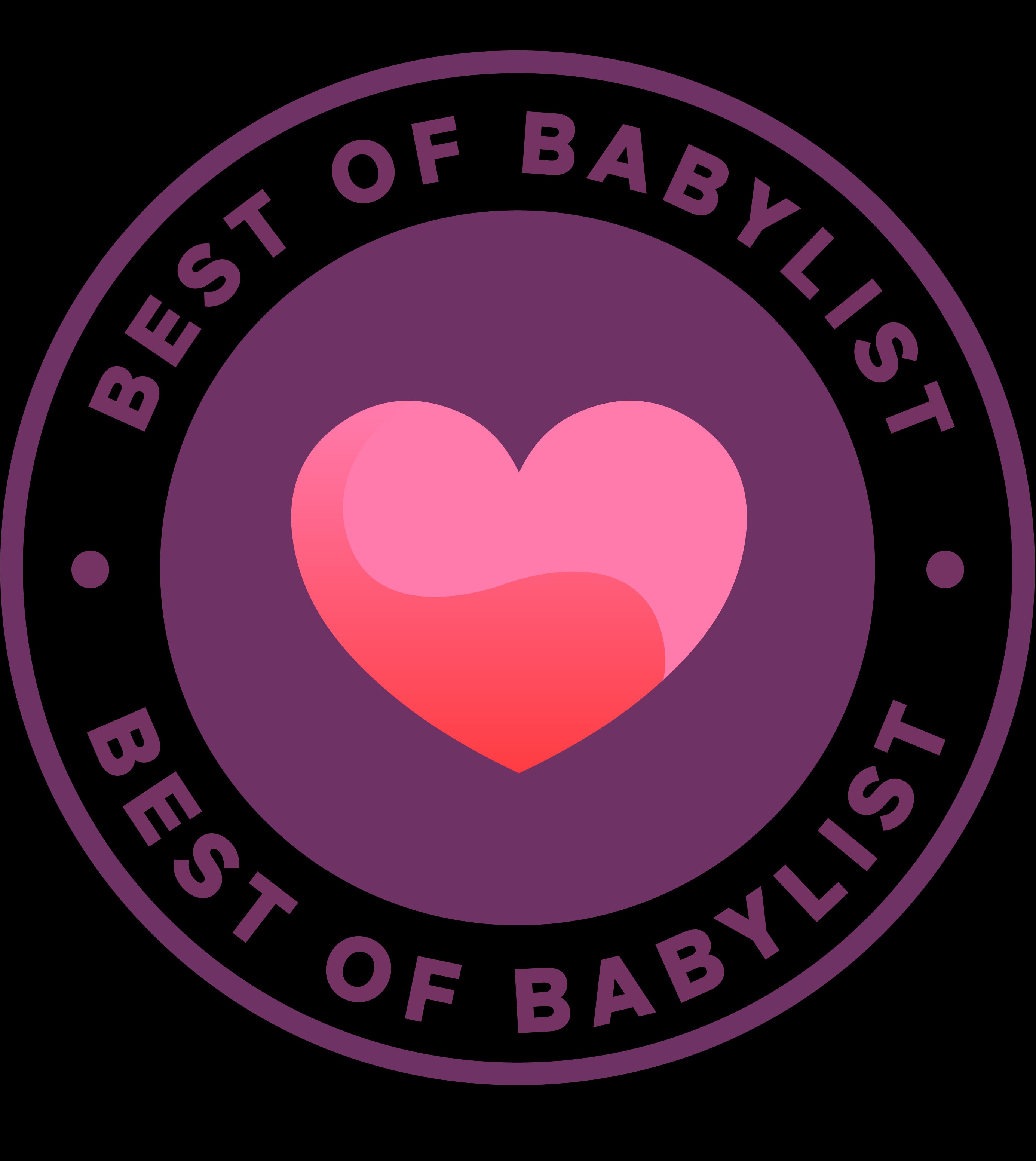 Ein rundes lila Abzeichen mit dem Text „BEST OF BABYLIST“ oben und unten. In der Mitte befindet sich ein rosa Herzsymbol, das die Exzellenz von Babyprodukten wie denen von Baby Brezza feiert.
