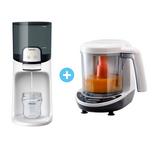 Der Babybrezza.de Instant Warmer & Food Maker Deluxe gibt links Wasser in ein Glasgefäß, während er rechts in seiner transparenten Schüssel Babynahrungszubereitung mit orangefarbener Flüssigkeit zubereitet. Ein Pluszeichen verbindet die beiden Geräte nahtlos. - product thumbnail