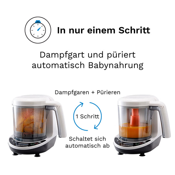Eine Doppelbildanzeige präsentiert den Baby Brezza Food Maker Deluxe: Babynahrungszubereiter und hebt seine 3-in-1-Funktionalität (Dämpfen, Pürieren und automatische Abschaltung) hervor. Der deutsche Text betont die Ein-Schritt-Bedienung und die spülmaschinenfesten Teile von Baby Brezza.de für eine einfache Reinigung. - product thumbnail