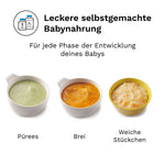 Drei Schüsseln mit Babynahrung – grünes Püree, orangefarbener Brei, stückige Mischung – mit deutschen Beschriftungen für verschiedene Stufen. Symbole betonen die hausgemachte Qualität des Baby Brezza Food Maker Deluxe: Babynahrungszubereiter mit 3-in-1-Funktionalität und einfacher Reinigung dank spülmaschinenfester Teile von Baby Brezza.de. - product thumbnail