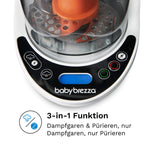 Der Baby Brezza Food Maker Deluxe verfügt über ein schwarzes Bedienfeld mit vier Tasten, dem Schriftzug „Baby Brezza“ und 3-in-1-Funktionen in deutscher Sprache zum Dämpfen und Pürieren. Er ist spülmaschinenfest und hat einen transparenten Deckel mit einem orangefarbenen Korb im Inneren. Marke: Baby Brezza.de. - product thumbnail