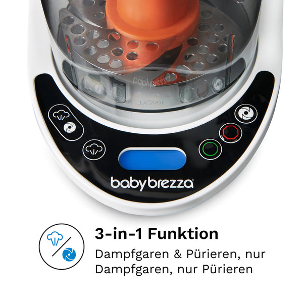 Der Baby Brezza Food Maker Deluxe verfügt über ein schwarzes Bedienfeld mit vier Tasten, dem Schriftzug „Baby Brezza“ und 3-in-1-Funktionen in deutscher Sprache zum Dämpfen und Pürieren. Er ist spülmaschinenfest und hat einen transparenten Deckel mit einem orangefarbenen Korb im Inneren. Marke: Baby Brezza.de. - product thumbnail
